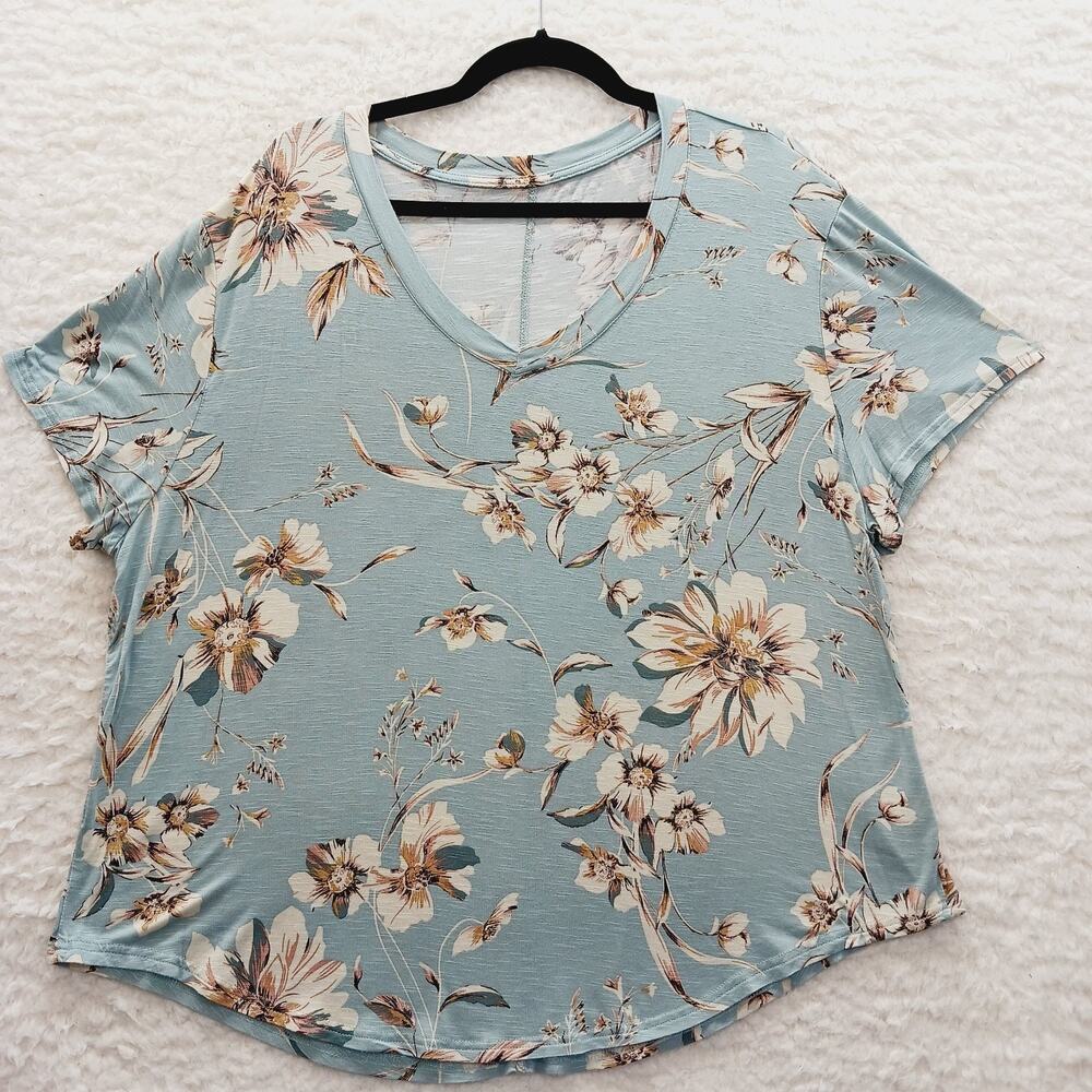 T-Shirt Women Teal Dahlia Floral Resort Soft Girl Bloomcore Vacay Cruise Sz 1X